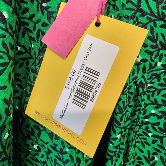 Bombchel V-Neck Asymmetric Hem Halter Dress Green Floral 100% Cotton OS M/L - Picture 15 of 15